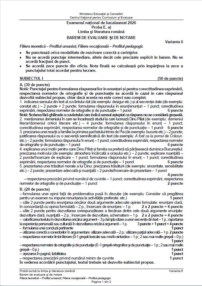 Baremul de corectare la BAC Română 2026