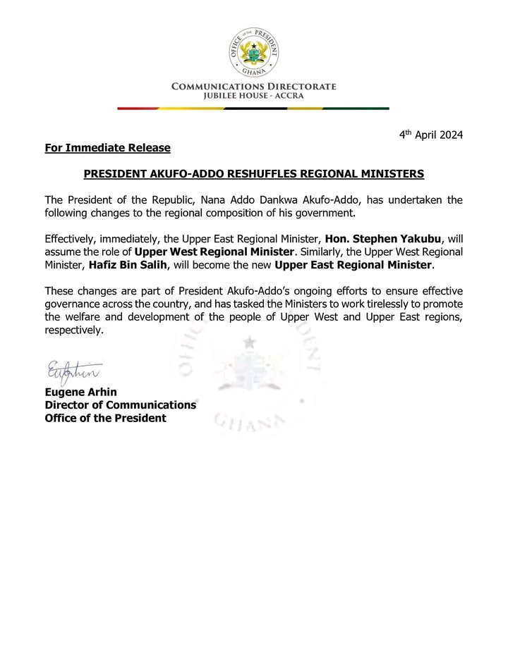 Upper East and Upper West Regional Ministers reshuffled by Akufo-Addo