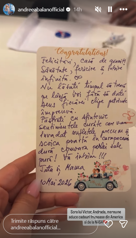 Scrisoarea primită de Andreea Bălan de la părinții lui Victor Cornea, în ziua nunții lor. Artista a făcut totul public