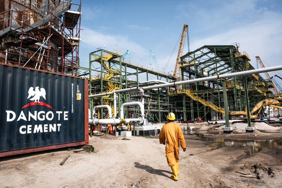 A Dangote Cement Plc logo stands on a barrier at the under-construction Dangote Industries Ltd. [Tom Saater/Bloomberg via Getty Images]