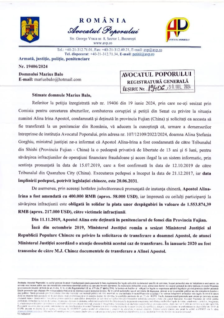 Ce șanse are românca deținută în China să fie adusă în țară în lipsa unor întâlniri diplomatice. Chinezii au trimis un număr de cont, unde familia Alinei Apostol trebuie să plătească prejudiciul 