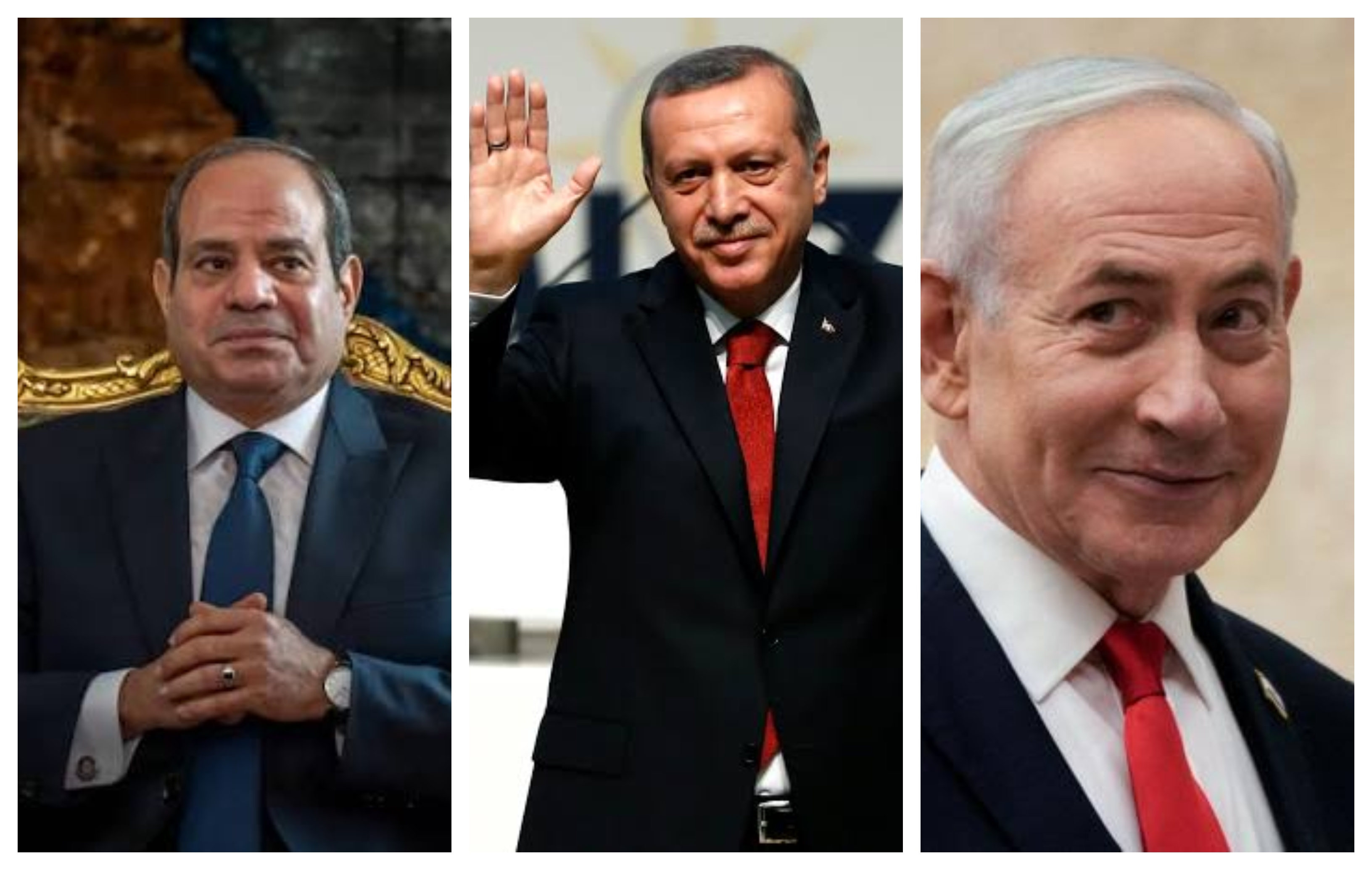 Egyptian President Abdel Fattah el-Sisi, Turkish President Recep Tayyip Erdoğan and Israeli Prime Minister Benjamin Netanyahu amid tensions over Libya's maritime agreement with Turkey and offshore energy rights in the eastern Mediterranean. Photo credit: File photos | Collage by BIA