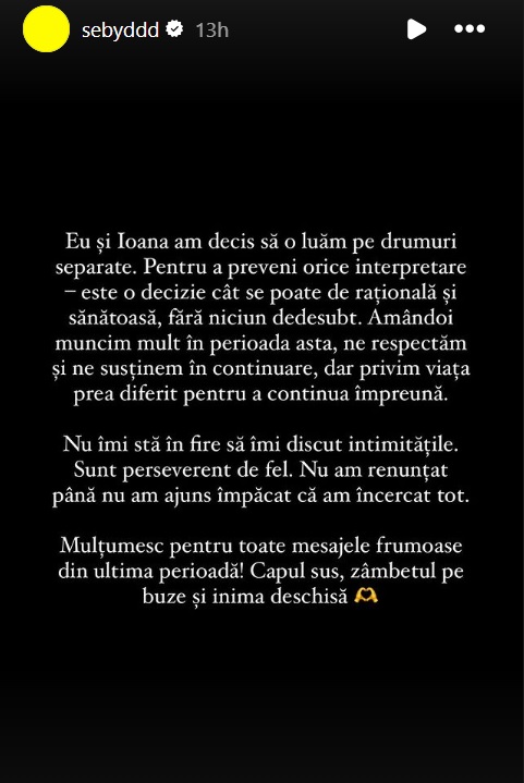 Motivul pentru care Sebastian Dobrincu și Ioana Ignat s-au despărțit. El a spus tot: „Este o decizie cât se poate de rațională și sănătoasă”