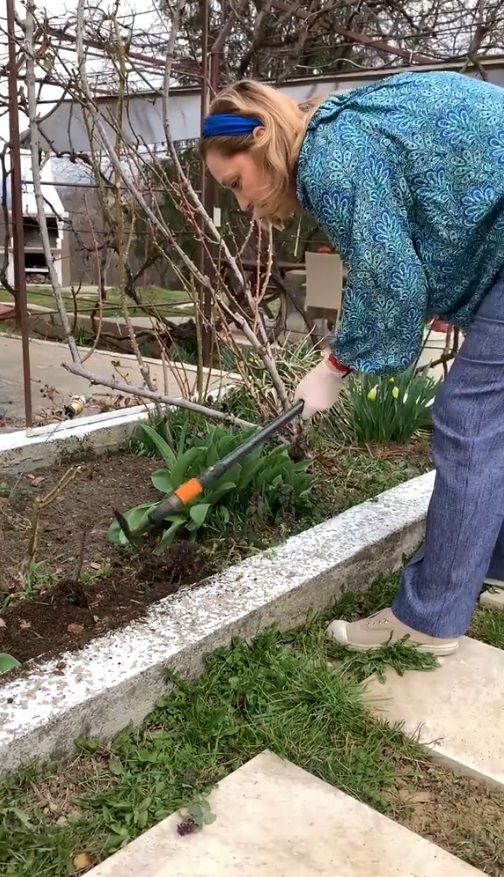 Imagini cu Elena Lasconi în grădina casei sale din Câmpulung Muscel. A dat cu sapa, a greblat, iar apoi a plantat flori de primăvară