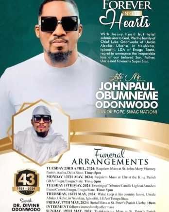 Family of late Nollywood actor, Jnr Pope, sets date for burial