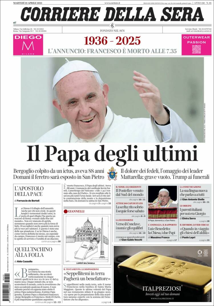 Titluri uriașe și imagini emoționante: cum au anunțat marile ziare ale lumii moartea Papei Francisc