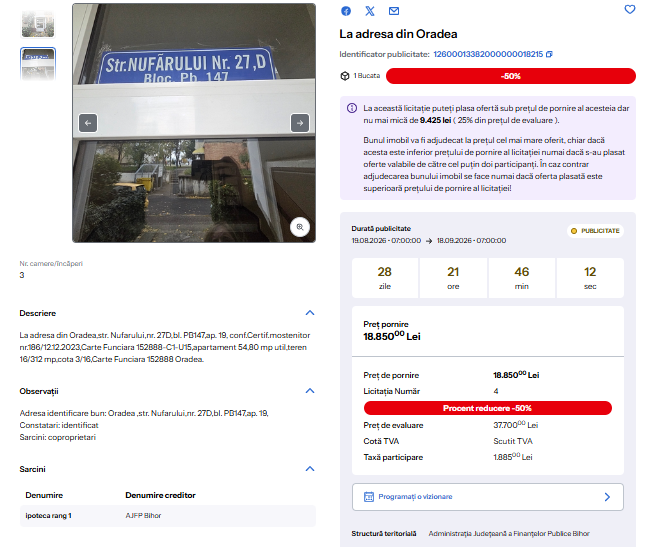 ANAF încearcă pentru a patra oară să vândă o parte dintr-un apartament din Oradea: oferă reducere 50%