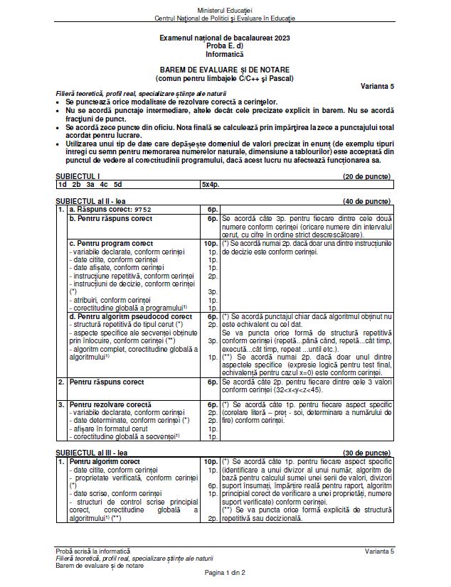 Baremul de corectare pentru proba de Informatică Bacalaureat 2023 a fost publicat de Ministerul Educației. Cum trebuia rezolvată fiecare cerință