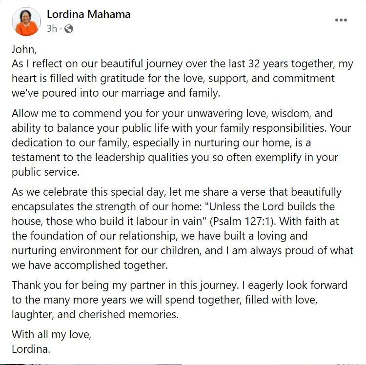 Lordina pens sweet message to Mahama on their 32nd wedding anniversary
