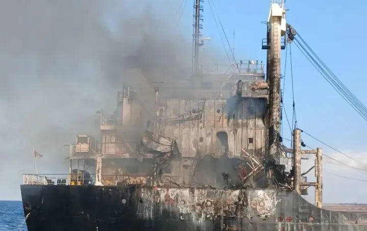A Guinea-Bissau flagged vessel dubbed Golden Leo sank after being hit by Russian forces on July 19 [Photo: Ukrainian Navy]