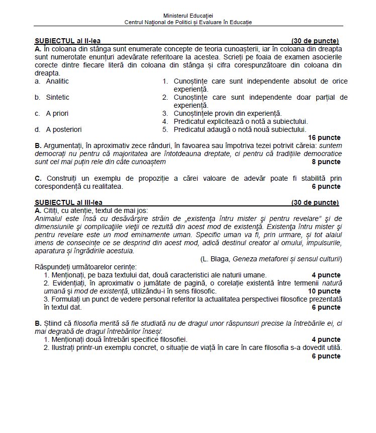 Subiecte filosofie BAC 2023. Ce au avut de rezolvat elevii care au ales să dea Bacul la această materie