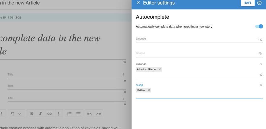 Autocomplete data in the new Article