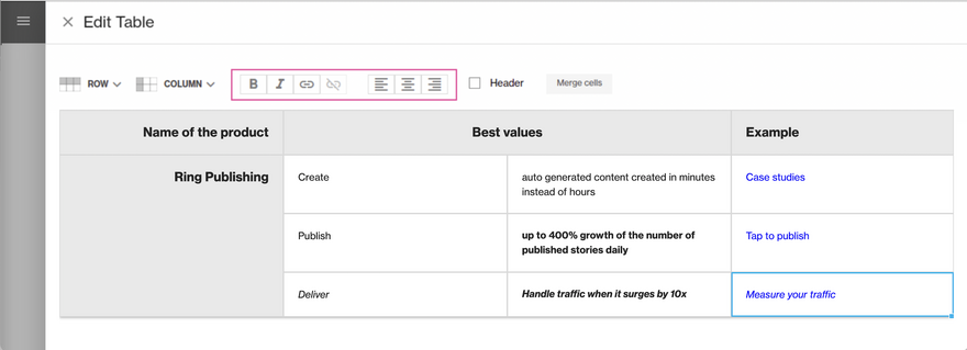 Story editor table cells formatting