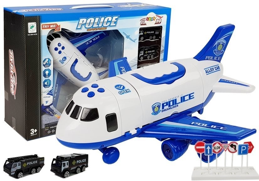 Import LEANToys Samolot Rozkładany Policyjny z Autkami 1:64 ze światłami i dźwiękiem 7423