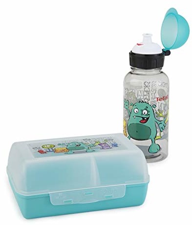 Emsa 518138 dziecięcy zestaw bidon + pojemnik na kanapki; motyw: Monster; nie zawiera BPA; materiał: butelka na napoje z tritanu (odporna na pękanie i nieszkodliwa), pojemnik na kanapki z tworzywa szt 518138