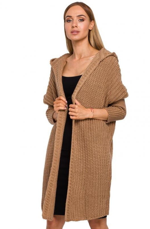 SukienkiShop Długi sweter damski kardigan oversize z kapturem beżowy - SukienkiShop