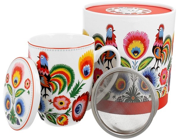 Duo Zestaw Kubek Porcelanowy z Zaparzaczem Wzory Ludowe Kwiaty Kogut 420 ml