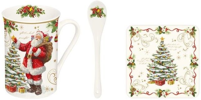 Nuova Cer Easy life r2s KUBEK PORCELANOWY z ŁYŻECZKĄ i PODKŁADKĄ Mikołaj i choinka - ZESTAW PREZENTOWY NA GWIAZDKĘ 1459 MAGI