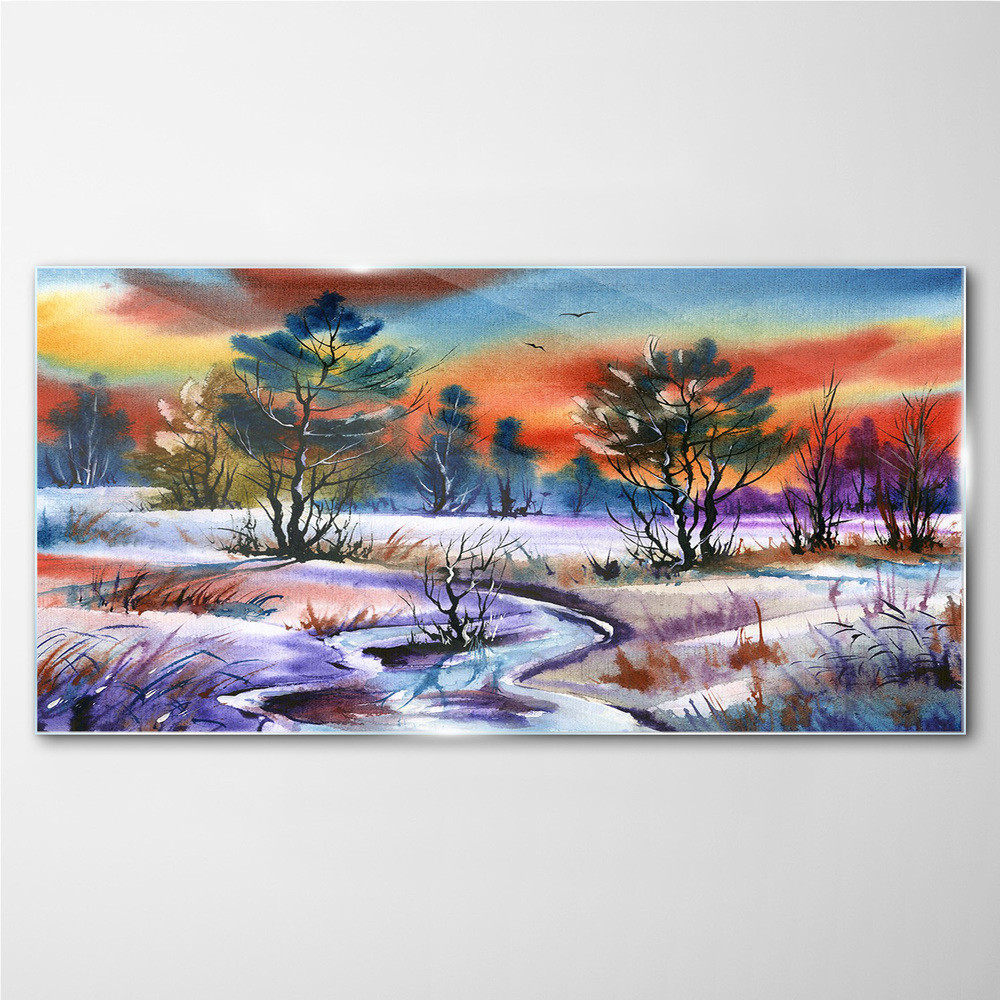 PL Coloray Obraz Szklany malarstwo zima drzewa 140x70cm