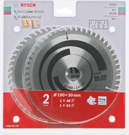 Bosch Piła Tarczowa Dwupak Optiline Wood 190x2,6/1,6x30x48z + Multi Material 190x2,4/1,8x30x54z B2608644655 2608644655