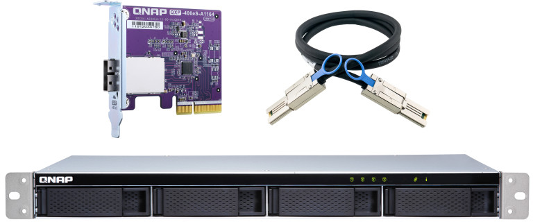 QNAP 4-bay 1U rackmount SATA JBOD expansion unit with a QXP-400eS-A1164 TL-R400S