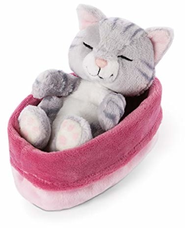 Nici Przytulanka Sleeping Kitties kot 12 cm, szary, w różowo-fioletowym koszyku 48086