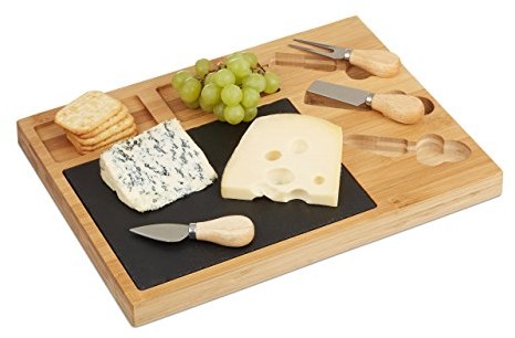 Relaxdays deska do serów zestaw, bambus sera blat składa, 3 noże do sera, płytka łupkowa, HBT.: 3 x 40 x 30 cm, naturalny (10022234)