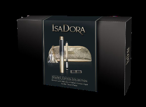 IsaDora Golden Edition Collection stretch lash mascara black 9 ml + perfect contour kajal 60 black 1.2 g + golden tassel purse Zestaw
