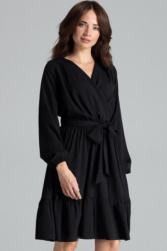SukienkiShop Rozkloszowana kopertowa sukienka midi z falbaną BOHO czarna - SukienkiShop