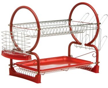 Premier Housewares Premier housewares stelaż do ociekania, 2 pięter, z pojemnik na tacce, chrom/czerwony 0509636