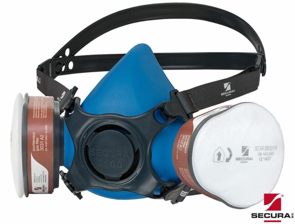 Reis SECURA-MAS3100-CHEM - silikonowa półmaska dwa pochłaniacze 3031 A2, dwa filty 3000.03 P3 R, ochrona przed pyłami, dymami i mgłami, parami i gazami organicznymi.