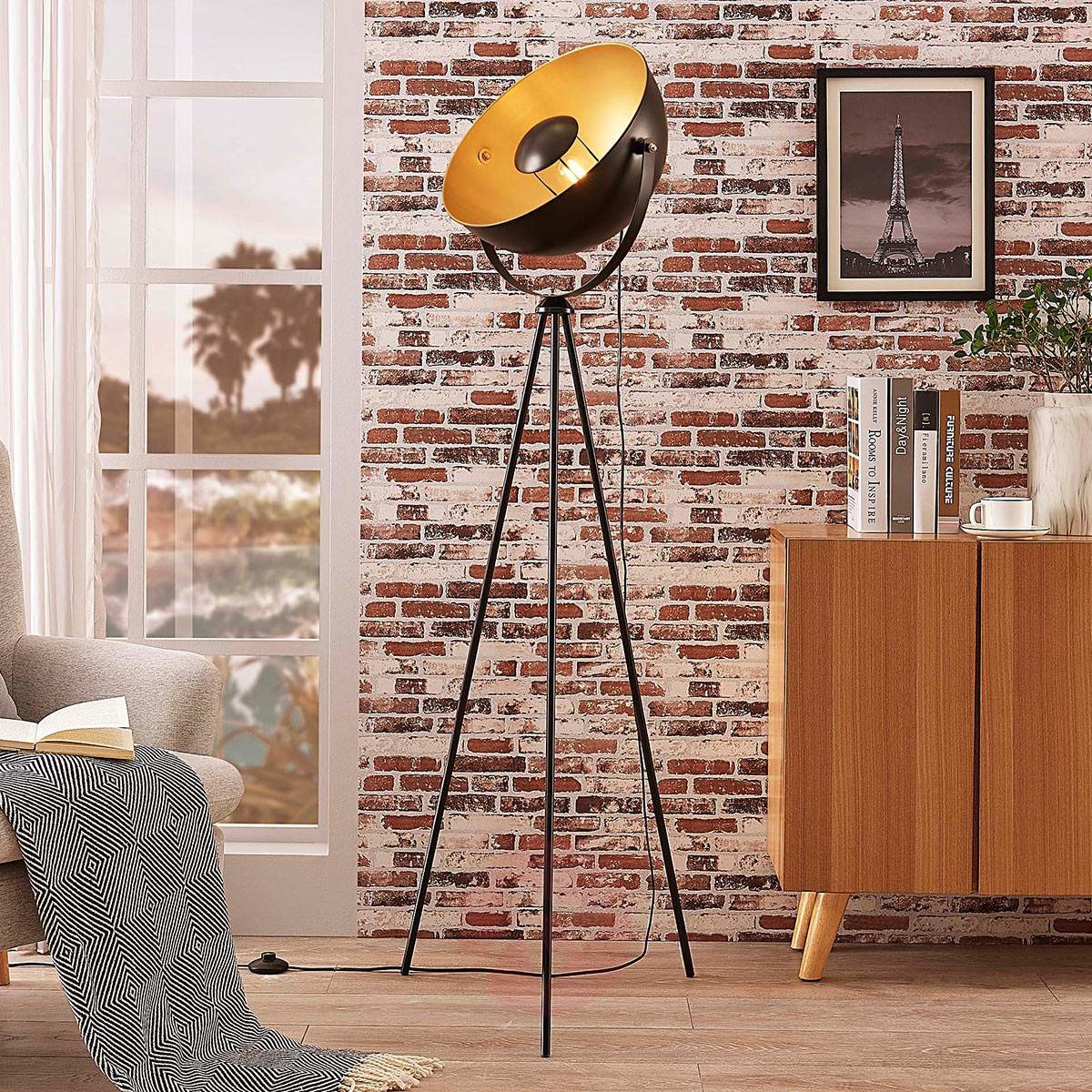 Lampenwelt com Lampa stojąca Meline, trójnóg, czarno-złota