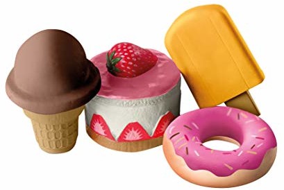 Roba 98147 Squishies zestaw 4 szt. Sweets, lód na patyku, ciasto, donut, lody rogowe, zabawka antystresowa, akcesoria do zakupów i kuchni, wielokolorowe