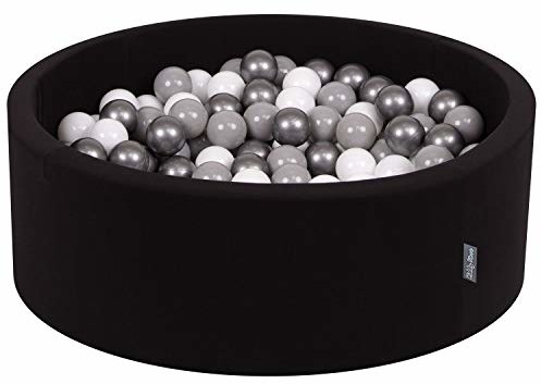 KiddyMoon basen z piłkami 90 x 30 cm, 200 piłek,  7 cm, basen z kolorowymi piłkami, dla niemowląt, okrągły, czarny, biały/szary/srebrny
