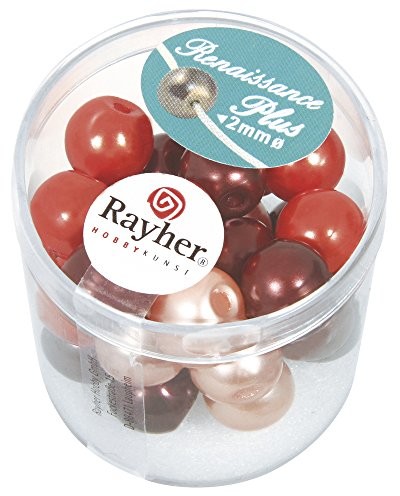 Rayher 14433000  renesansowe szklane perły, 10 MM, puszka 32 sztuki z dużym otworem, czerwony Mix 14433000