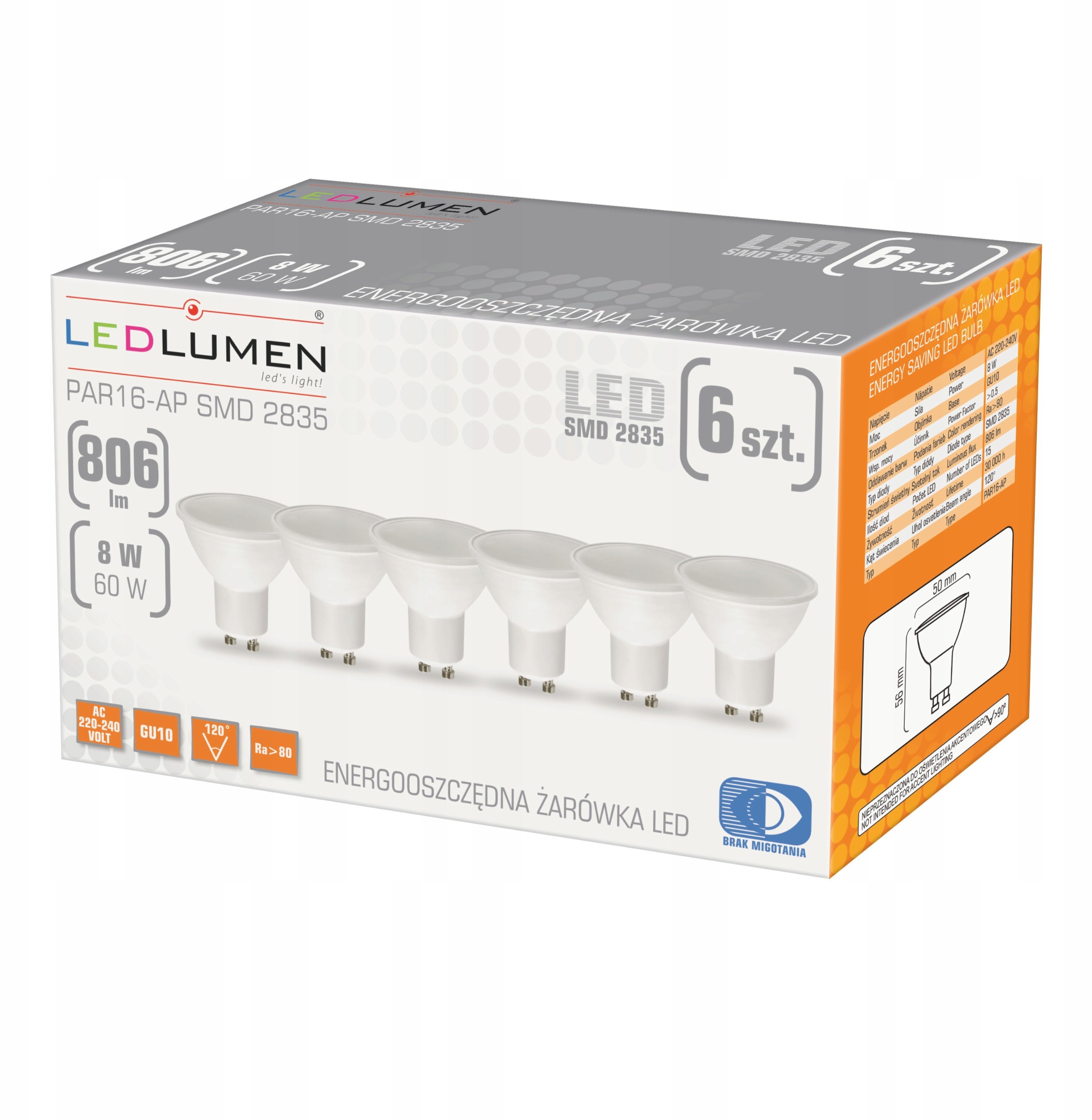LEDlumen Zestaw 6x Żarówka GU10 8W=60W Led 806lm