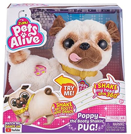 Zuru Pets Alive 9521 - Poppy the Booty Shakin Pug, pluszowy piesek, porusza głową i tyłkiem, kręci się w kółko, gra 3 słodkie piosenki 9521