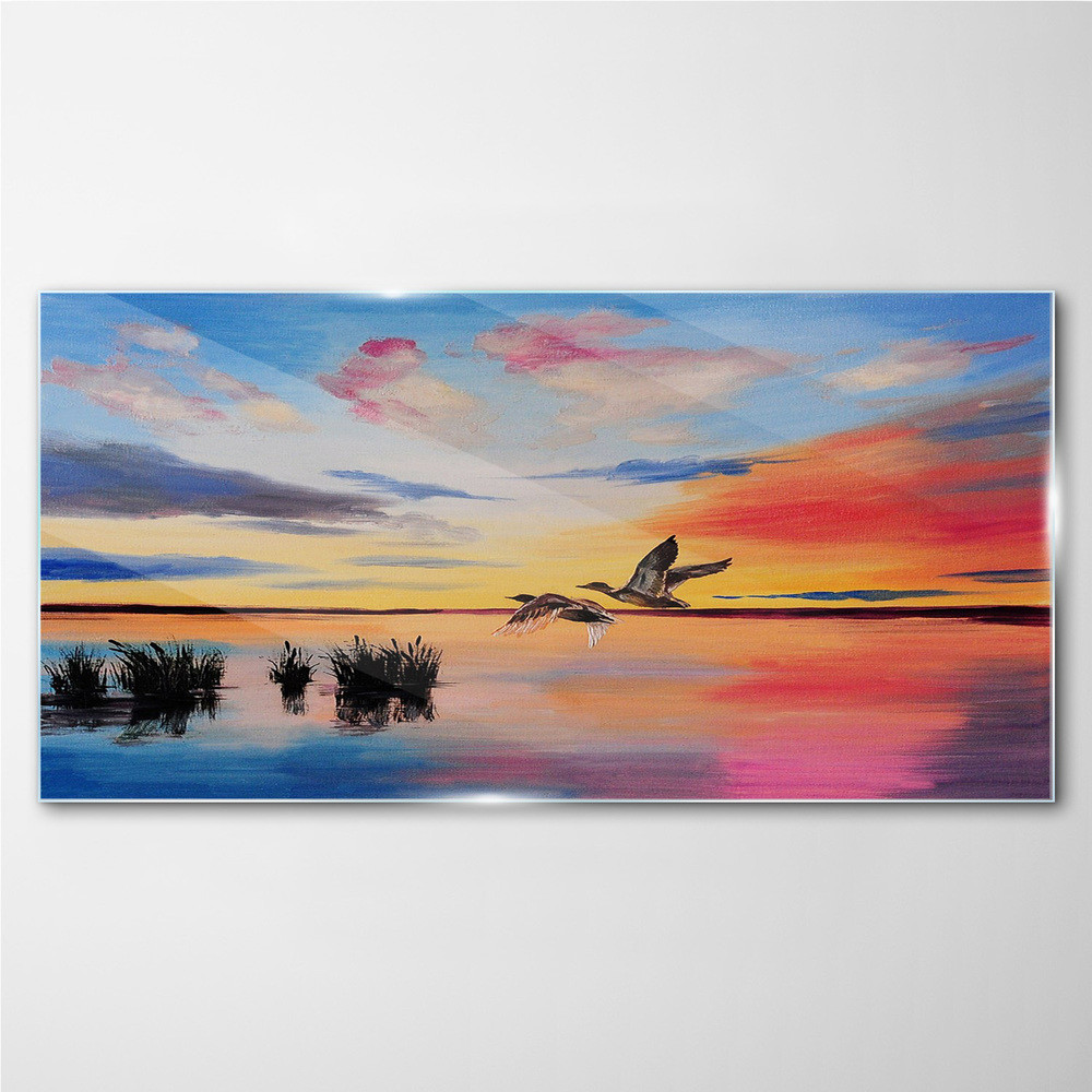 PL Coloray Obraz na Szkle jezioro ptaki zachód słońca 120x60cm