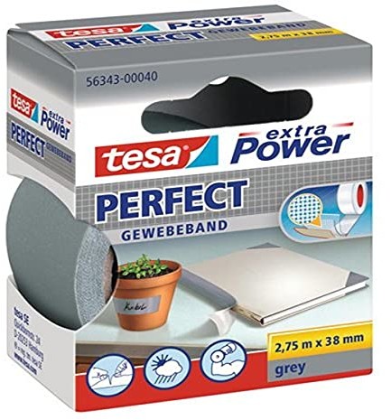 TESA extra Power Perfect tkaninowa taśma klejąca do majsterkowania samoprzylepna taśma wzmacniana tkaniną szeroka gama zastosowań 2,75 m x 38 mm, szary 56343-00040-03