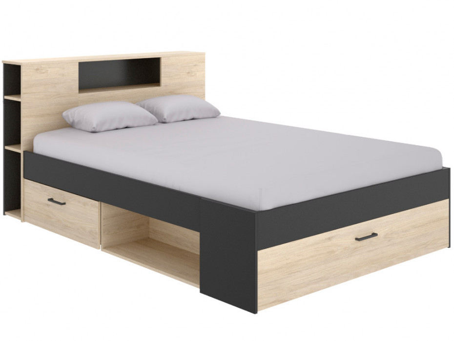 Vente-Unique Łóżko LEANDRE z zagłówkiem, skrzyniami i szufladami - 160x200 cm - Kolor: Dąb i antracyt