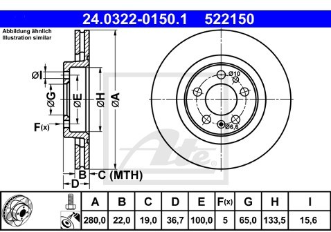 ATE TARCZA HAM POWER DISC 24.0322-0150.1 SKODA OCTAVIA 1.9TDI 05-10/ VW NEW BEETLE 1.9TDI 05-10/ SEAT LEON 1.9TDI 03-06  24.0322-0150.1