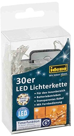 Idena 31602 łańcuch świetlny LED z funkcją czasomierza, 30 lampek białych do wewnątrz, z pilotem 31602