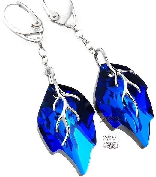 Swarovski ozdobny długi komplet BLUE LEAF SREBRO