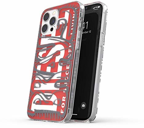 Diesel Zaprojektowane dla iPhone 12 Pro Max 6.7 Case, Clear Snap Case, Shockproof, Drop Tested Protective Cover with Raised Edge, Red/Grey 42568