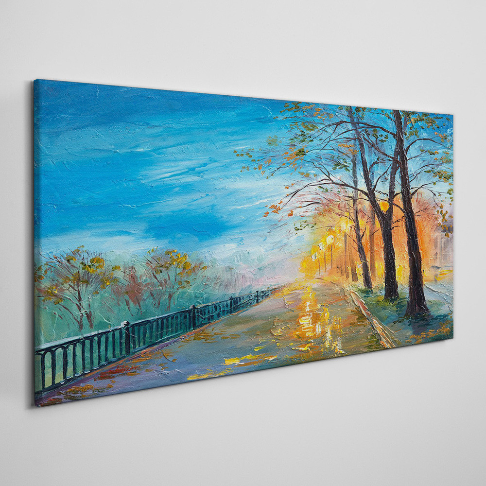 PL Coloray Obraz na Płótnie malarstwo drzewa park lampy 140x70cm