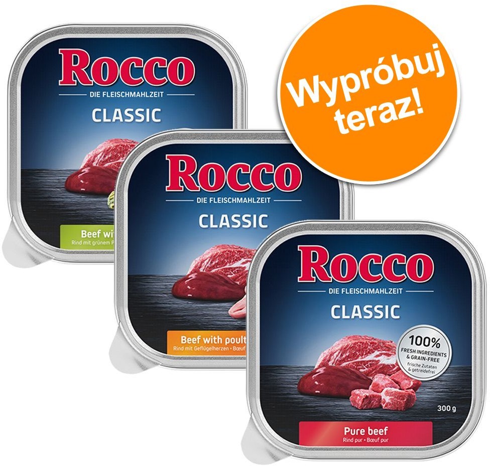 Rocco Mieszany pakiet próbny Classic tacki, 9 x 300 g - Pakiet Classic 1: wołowina, żwacze, serca drobiowe