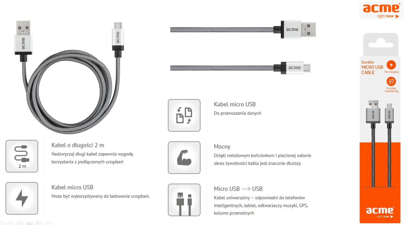 Kabel USB Acme microUSB 2m 181308