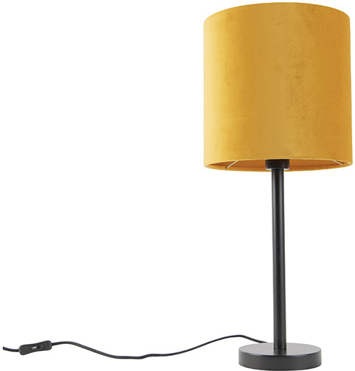 QAZQA Lampa stołowa czarna klosz welurowy ochra-złoty 25cm - Simplo