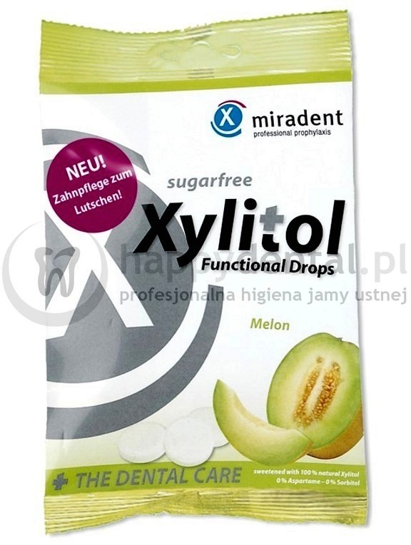 MIRADENT Xylitol Drops 25szt. - przeciwpróchnicze cukierki z ksylitolem dla dzieci i dorosłych (smak: Melon)