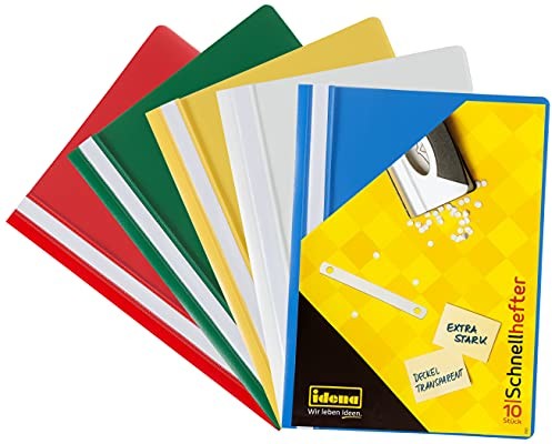 Idena Idena 307007 - skoroszyt do DIN A4, z tworzywa sztucznego, 10 sztuk, 5 kolorów, 2 x niebieski/biały/żółty/zielony/czerwony 307007